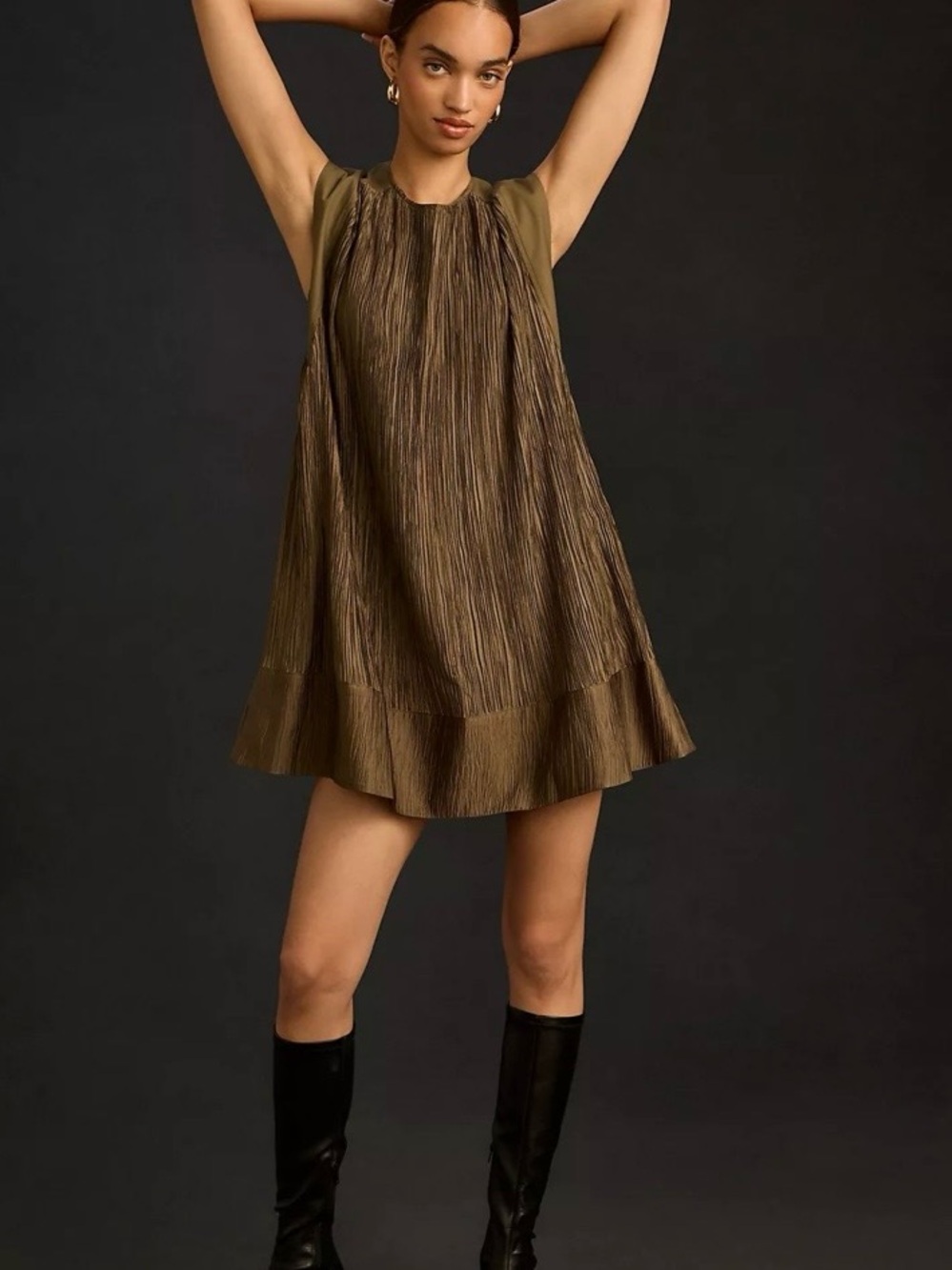 Anthropologie Olive Plissé Mini Dress Size M Sleeveless Pleated Swing Shift - Picture 3 of 10